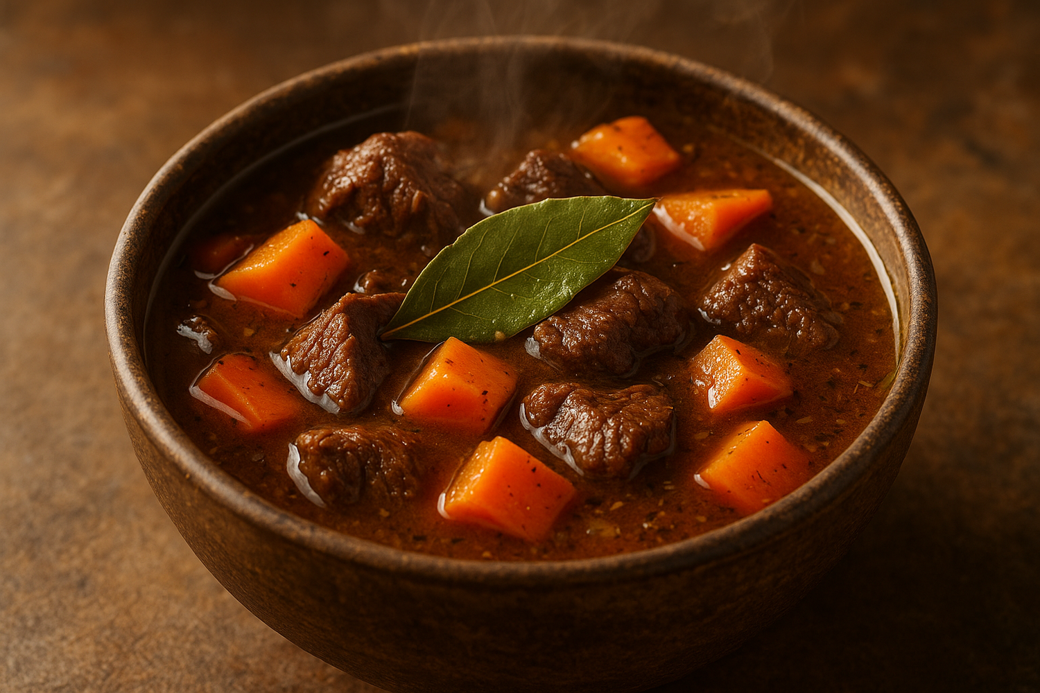 Beef stew made with sweet potatoes and a bay leaf