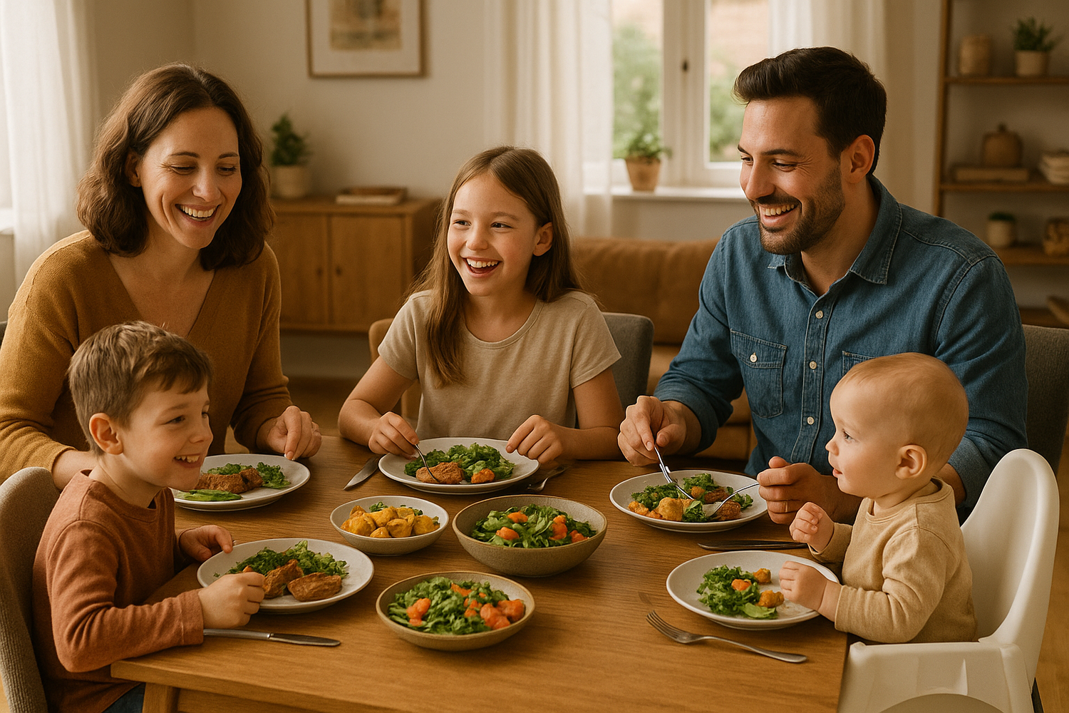 family eating at table with baby